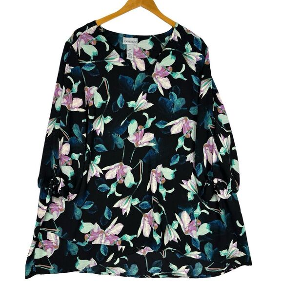 Catherines Calla Lily Blouse‎ Top Plus Size 2X (22/24W) Black Floral 3/4 Sleeve - Picture 1 of 15